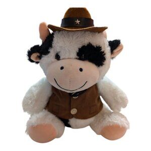 Send A Friend Cow Plush Cowboy Cow hat vest stuffed toy 10 inch black white